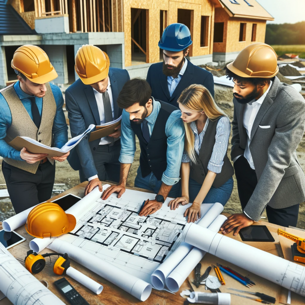 Photo of a construction site with a diverse team of engineers and architects of various descents, reviewing blueprints for a custom home, emphasizing