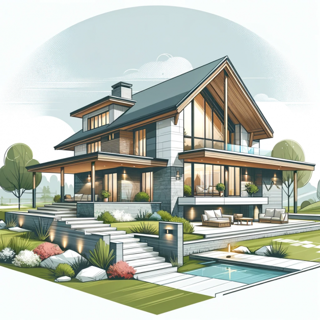 Illustration of a modern custom-designed house by Mortier Construction, featuring a unique architectural style and set in a picturesque landscape, wit