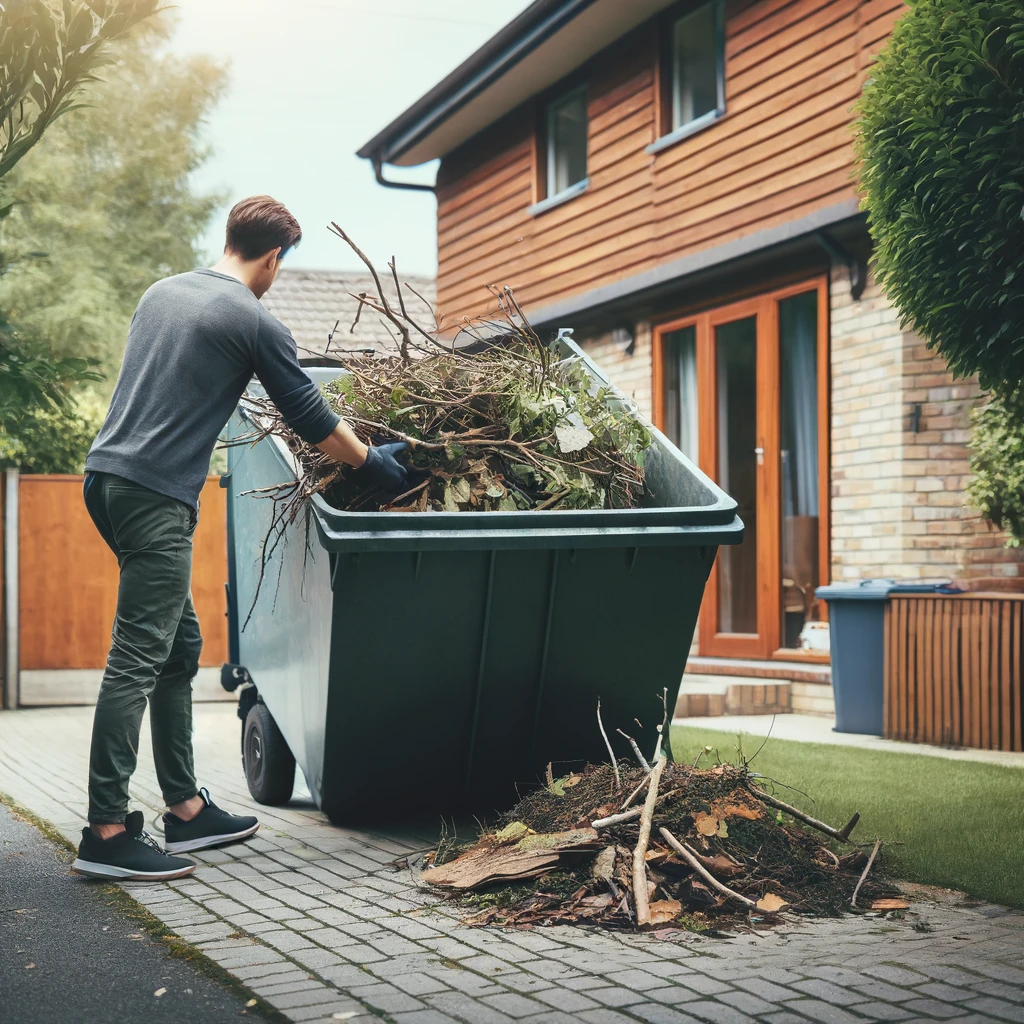 Représentant un propriétaire utilisant une benne à déchets pour les déchets végétaux, illustrant la commodité des bennes à déchets pour le nettoyage résidentiel et les tâches de maintenance du jardin.