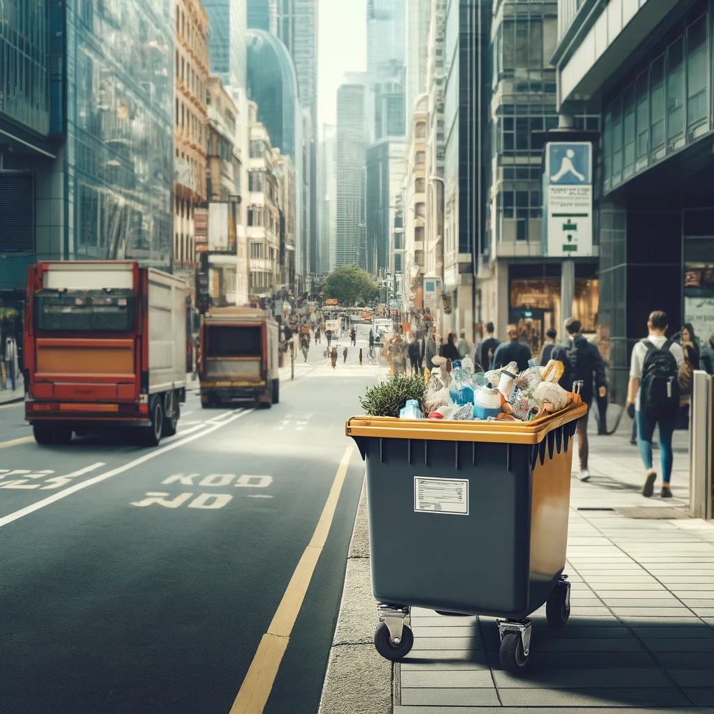 Montrant une rue urbaine animée avec une benne à déchets pour les efforts de nettoyage communautaire, mettant en avant l'importance de la responsabilité collective pour maintenir la propreté urbaine.